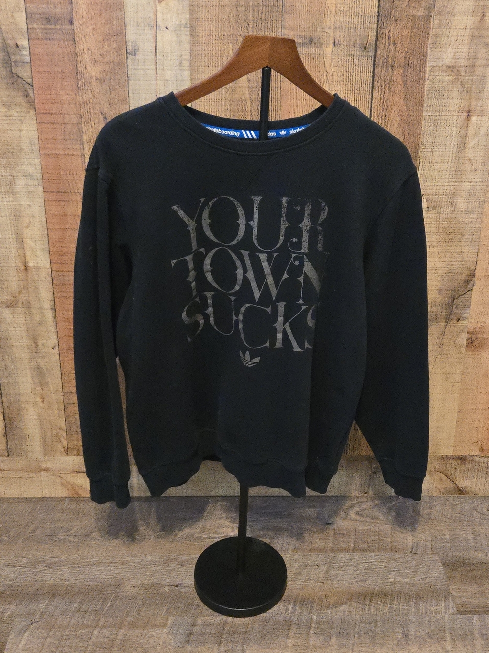 adidas Black Your Town Sucks Crewneck Sweatshirt with Faded Front Graphic